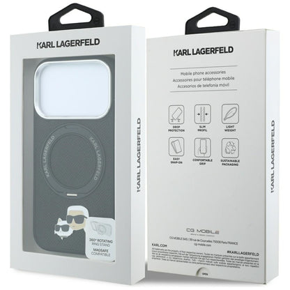 Coque MagSafe pour Apple iPhone 18 Pro Max / 17 Pro Max, Karl Lagerfeld, Support Anneau 360 Karl & Broche Choupette, Noire