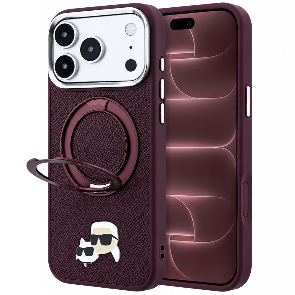 MagSafe Case for Apple iPhone 18 Pro Max / 17 Pro Max, Karl Lagerfeld, Ring Stand 360 Karl & Choupette Pin, Burgundy