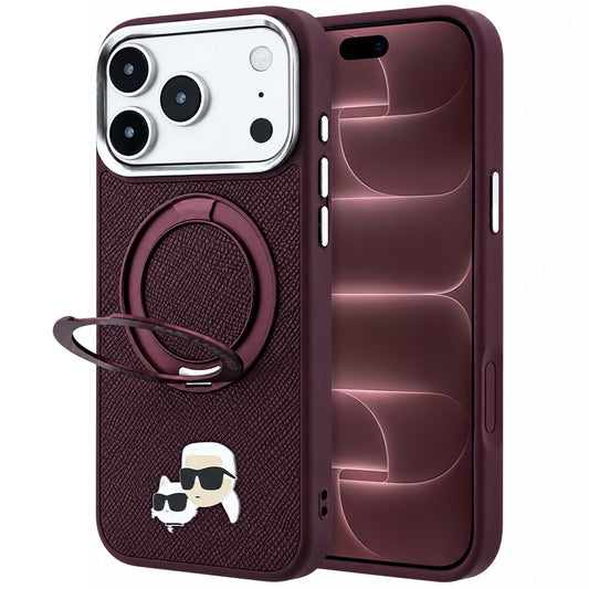 Coque MagSafe pour Apple iPhone 18 Pro Max / 17 Pro Max, Karl Lagerfeld, Ring Stand 360 Karl & Choupette Pin, couleur bordeaux