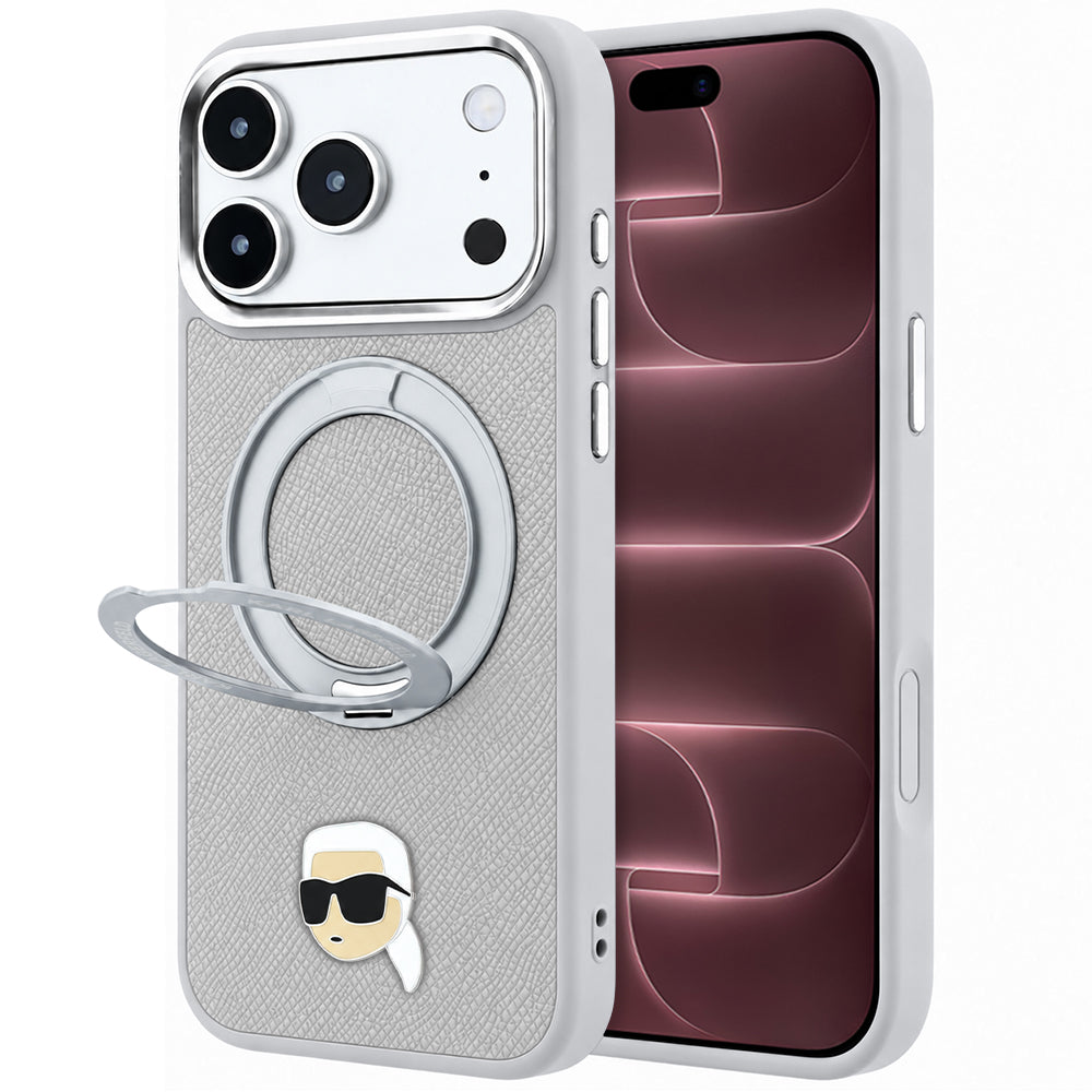 Coque MagSafe pour Apple iPhone 18 Pro Max / 17 Pro Max, Karl Lagerfeld, Ring Stand 360 Karl Pin, Gris