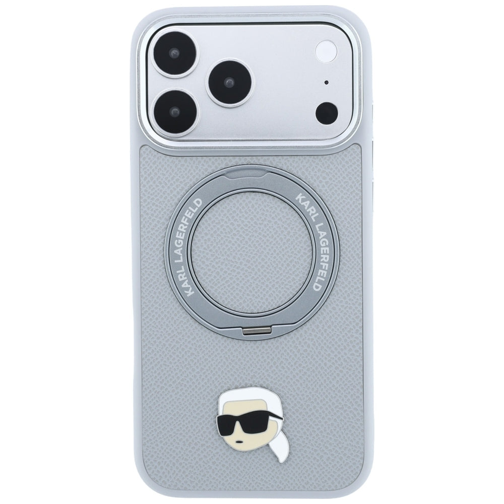Coque MagSafe pour Apple iPhone 18 Pro Max / 17 Pro Max, Karl Lagerfeld, Ring Stand 360 Karl Pin, Gris