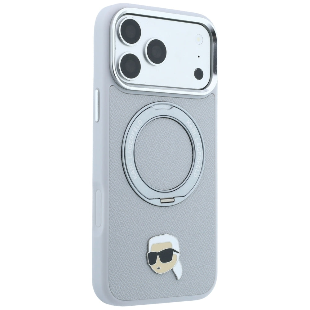 Coque MagSafe pour Apple iPhone 18 Pro Max / 17 Pro Max, Karl Lagerfeld, Ring Stand 360 Karl Pin, Gris