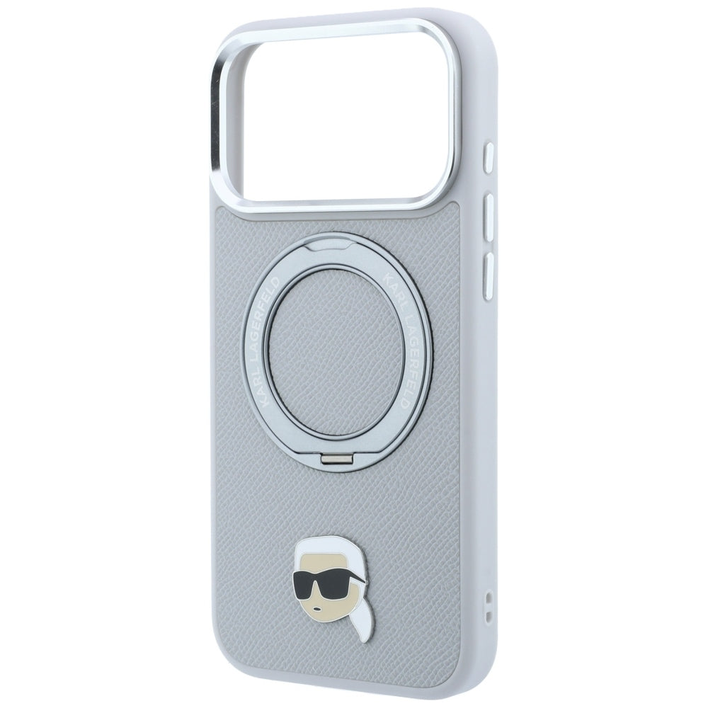 Coque MagSafe pour Apple iPhone 18 Pro Max / 17 Pro Max, Karl Lagerfeld, Ring Stand 360 Karl Pin, Gris