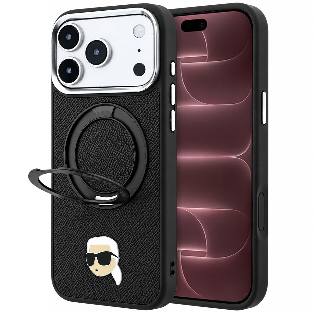 MagSafe Case for Apple iPhone 18 Pro Max / 17 Pro Max, Karl Lagerfeld, Ring Stand 360 Karl Pin, Black