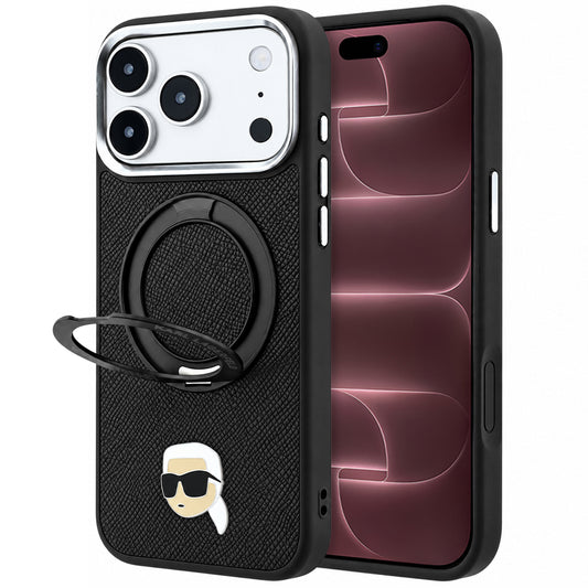 Coque MagSafe pour Apple iPhone 18 Pro Max / 17 Pro Max, Karl Lagerfeld, Ring Stand 360 Karl Pin, noire