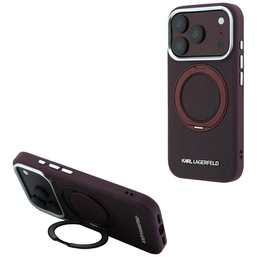 Coque MagSafe pour Apple iPhone 18 Pro Max / 17 Pro Max, Karl Lagerfeld, Ring Stand 360 Saffiano, Bordeaux