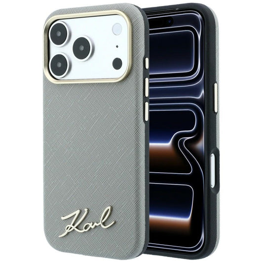 Coque MagSafe pour Apple iPhone 18 Pro Max / 17 Pro Max, Karl Lagerfeld, Logo Métallique Petit Script Saffiano, Beige