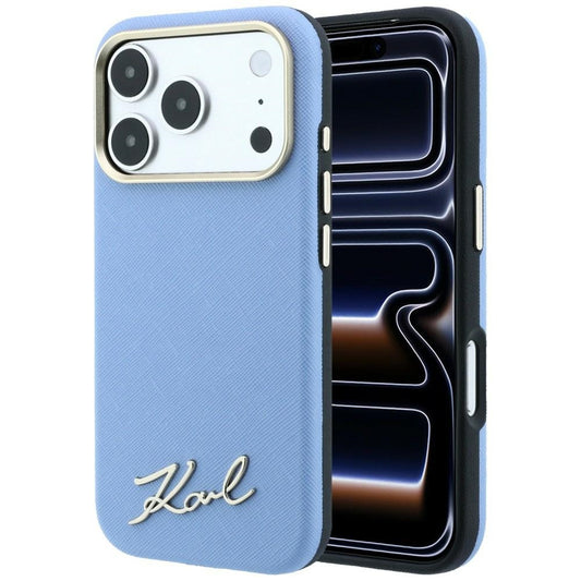Coque MagSafe pour Apple iPhone 18 Pro Max / 17 Pro Max, Karl Lagerfeld, Logo Métallique Petit Script Saffiano, Bleu