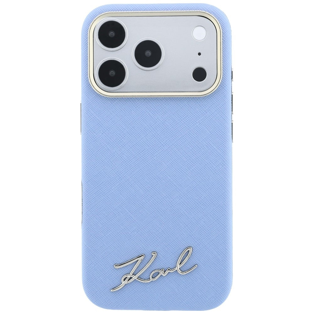 Coque MagSafe pour Apple iPhone 18 Pro Max / 17 Pro Max, Karl Lagerfeld, Logo Métallique Petit Script Saffiano, Bleu