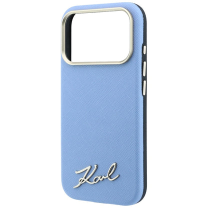 Coque MagSafe pour Apple iPhone 18 Pro Max / 17 Pro Max, Karl Lagerfeld, Logo Métallique Petit Script Saffiano, Bleu