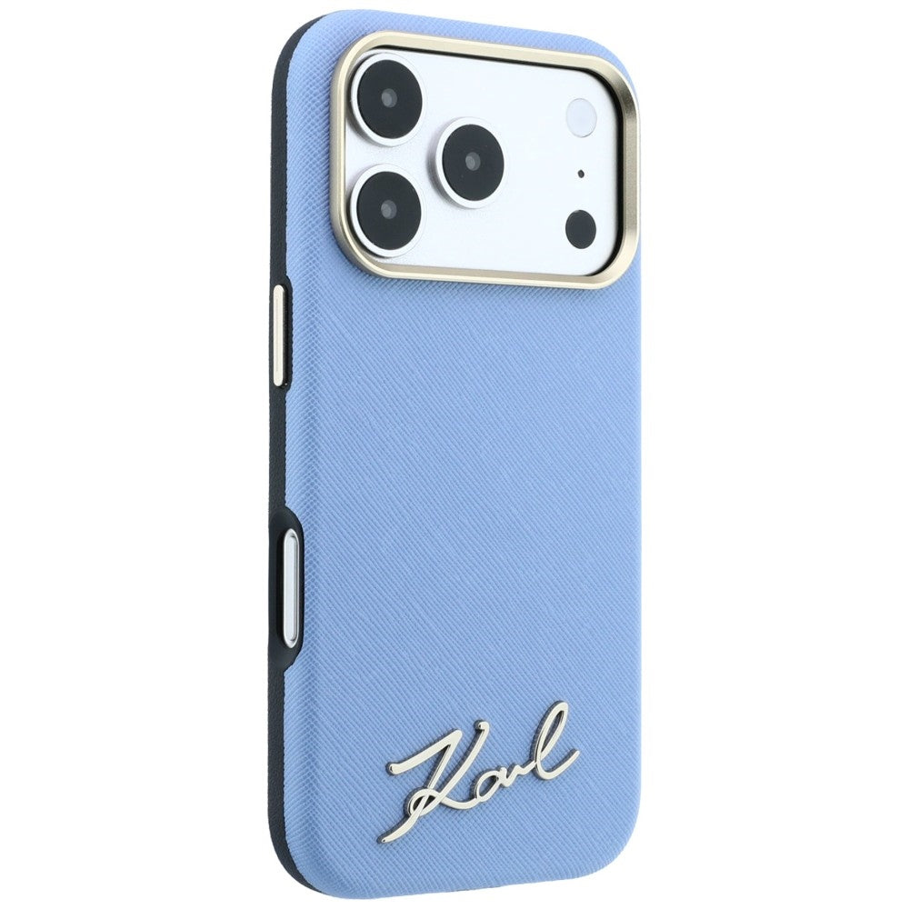 Coque MagSafe pour Apple iPhone 18 Pro Max / 17 Pro Max, Karl Lagerfeld, Logo Métallique Petit Script Saffiano, Bleu