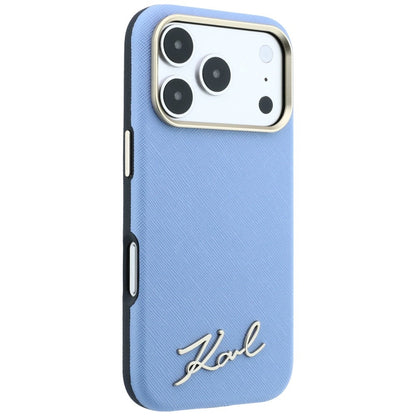 Coque MagSafe pour Apple iPhone 18 Pro Max / 17 Pro Max, Karl Lagerfeld, Logo Métallique Petit Script Saffiano, Bleu