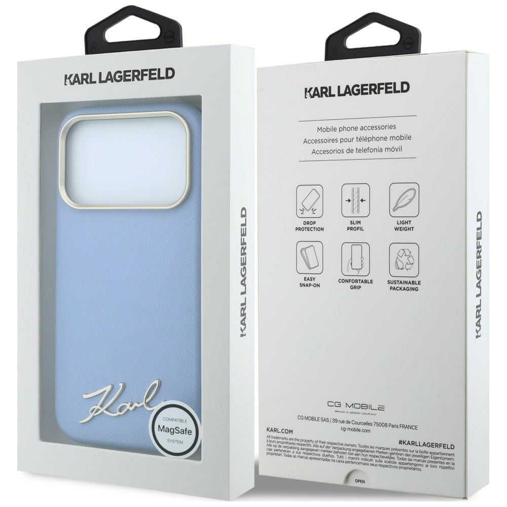 Coque MagSafe pour Apple iPhone 18 Pro Max / 17 Pro Max, Karl Lagerfeld, Logo Métallique Petit Script Saffiano, Bleu