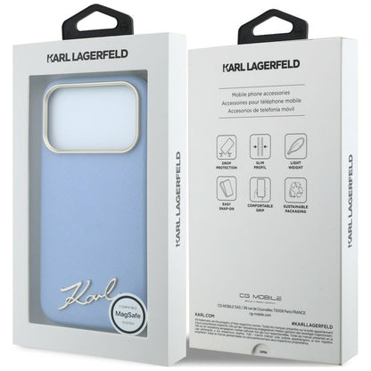 Coque MagSafe pour Apple iPhone 18 Pro Max / 17 Pro Max, Karl Lagerfeld, Logo Métallique Petit Script Saffiano, Bleu