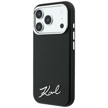 MagSafe Case for Apple iPhone 18 Pro Max / 17 Pro Max, Karl Lagerfeld, Saffiano Small Script Metal Logo, Black