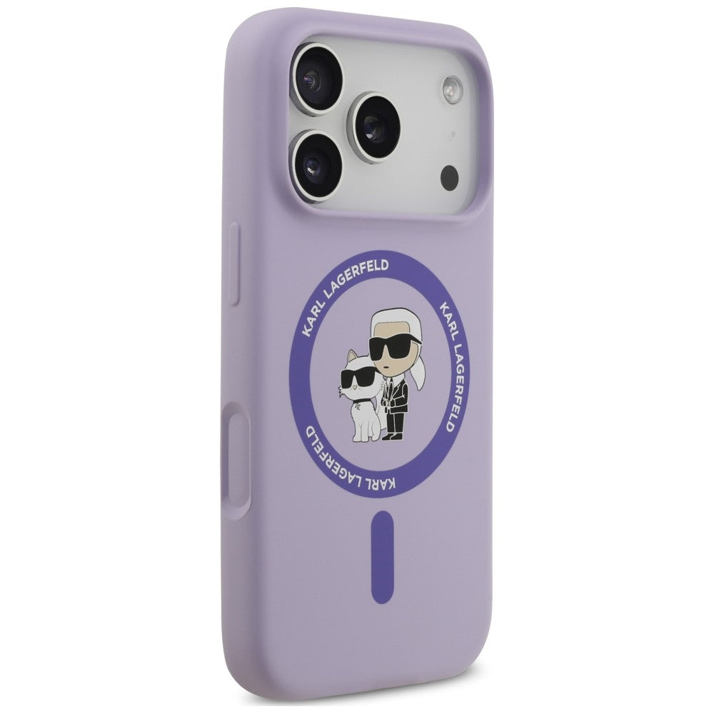 Coque MagSafe pour Apple iPhone 18 Pro Max / 17 Pro Max, Karl Lagerfeld, Silicone Ring Karl & Choupette, violette