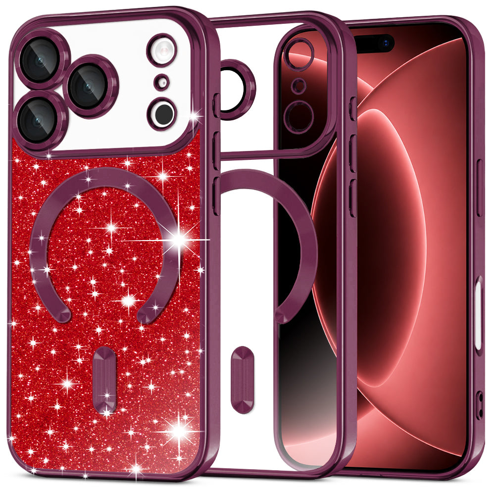 Coque MagSafe pour Apple iPhone 18 Pro Max / 17 Pro Max, Techsuit, Luxury Glitter, Bordeaux Foncé