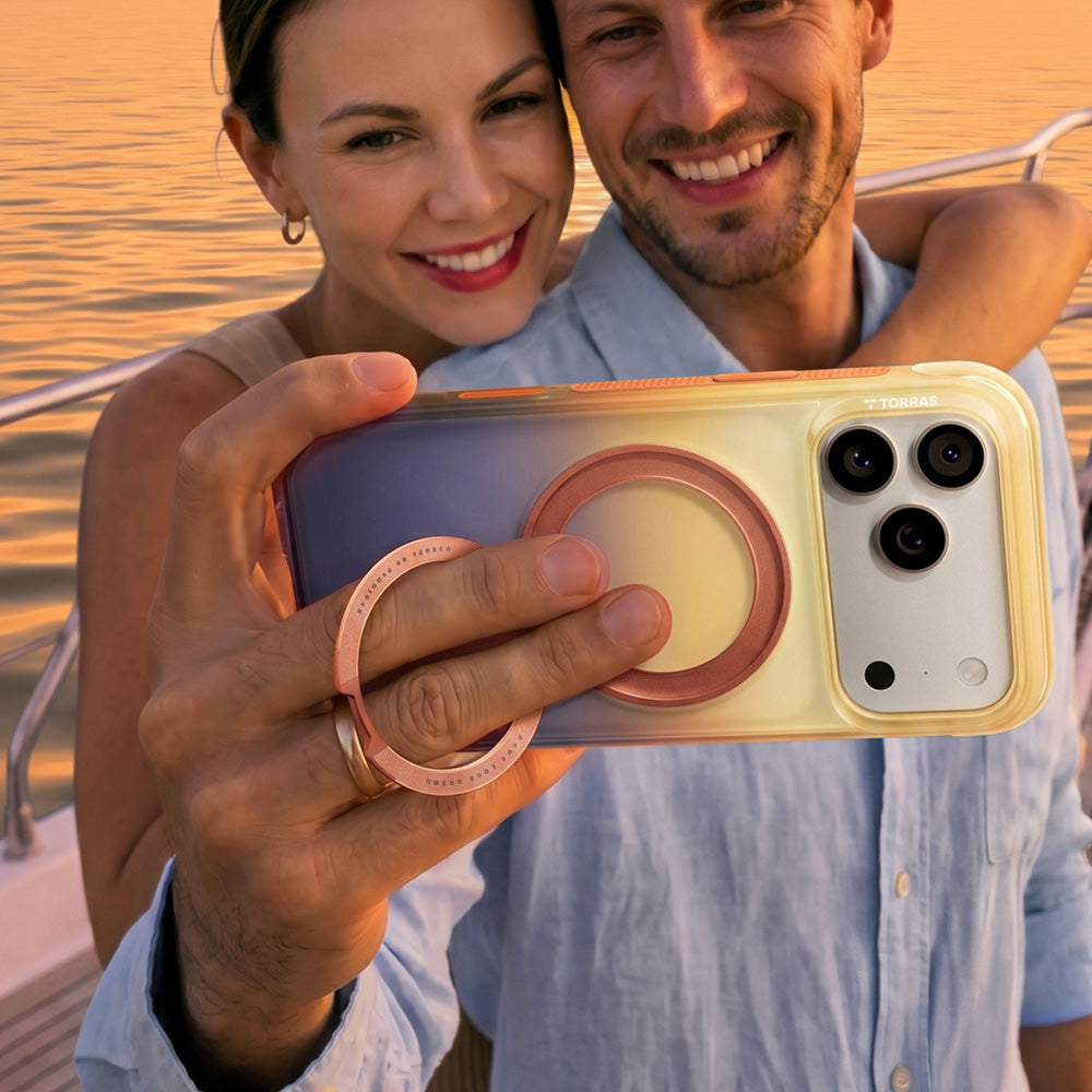 Coque MagSafe pour Apple iPhone 18 Pro Max / 17 Pro Max, Torras, Ostand O3 Air Gradient, Bleu Orange