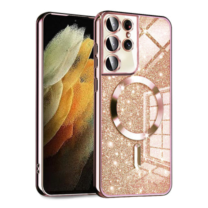 Coque MagSafe pour Samsung Galaxy S21 Ultra 5G G998, Techsuit, Luxury Glitter, Rose Doré
