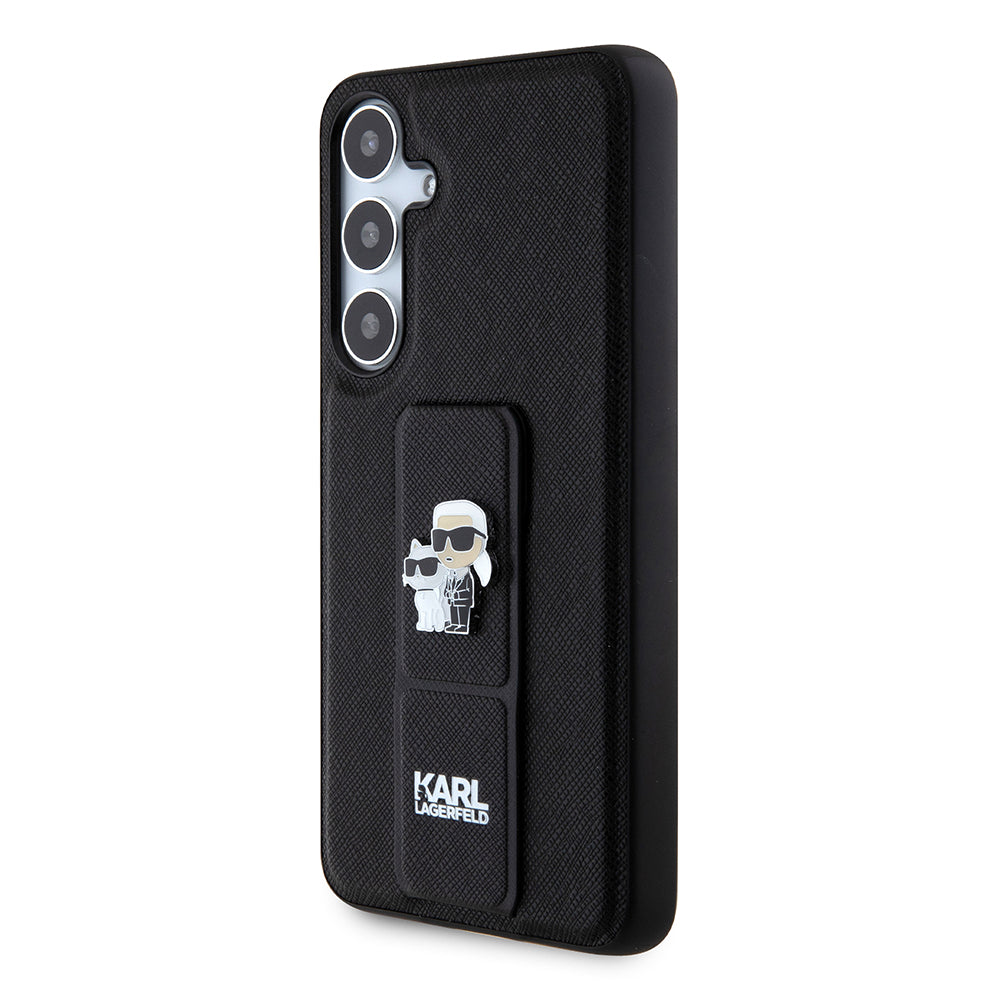 Coque MagSafe pour Samsung Galaxy S24+ S926, Karl Lagerfeld, Saffiano Gripstand Karl & Choupette, Noire