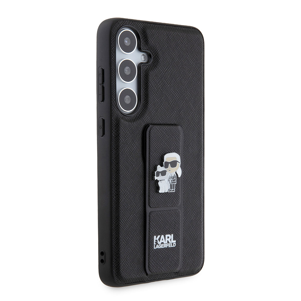 Coque MagSafe pour Samsung Galaxy S24+ S926, Karl Lagerfeld, Saffiano Gripstand Karl & Choupette, Noire