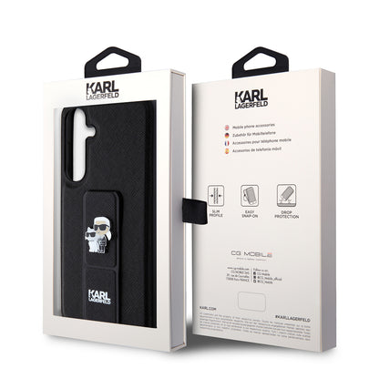 Coque MagSafe pour Samsung Galaxy S24+ S926, Karl Lagerfeld, Saffiano Gripstand Karl & Choupette, Noire