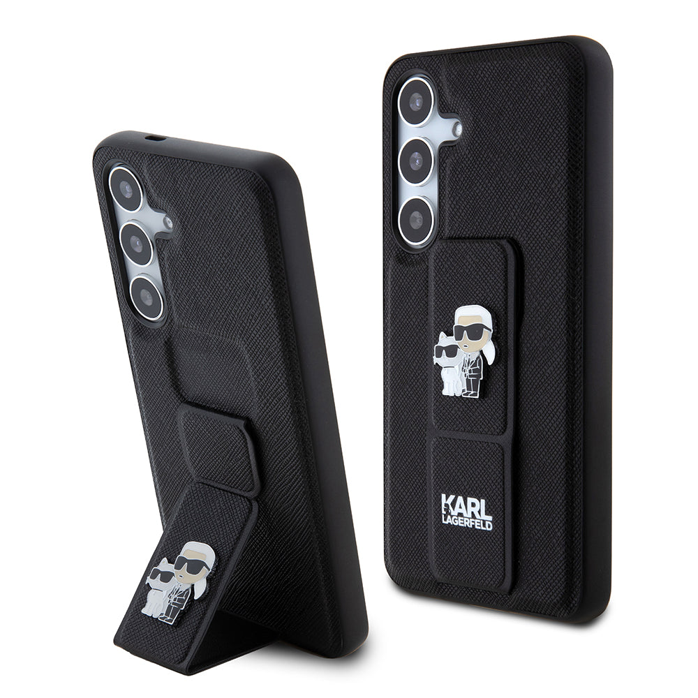 Étui MagSafe pour Samsung Galaxy S24 S921, Karl Lagerfeld, Saffiano Gripstand Karl & Choupette, Noir