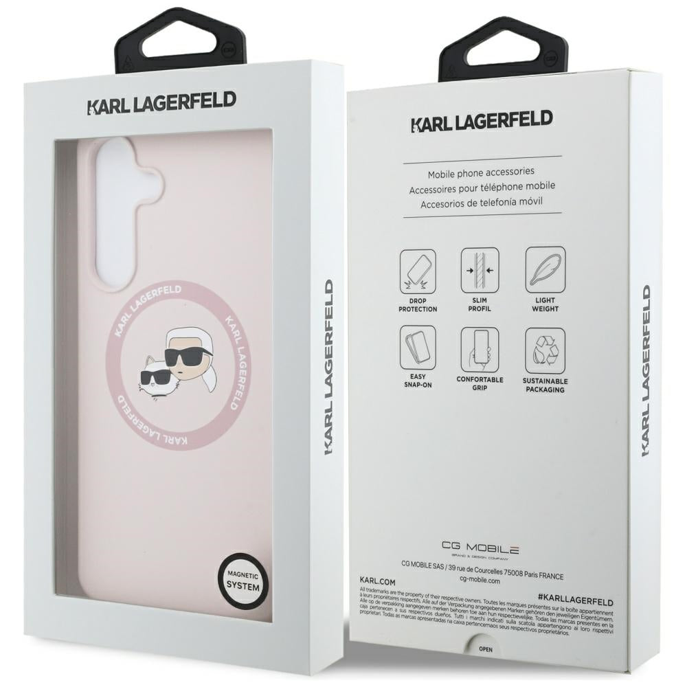Étui MagSafe pour Samsung Galaxy S25 FE, Karl Lagerfeld, Silicone Karl & Choupette's Heads, Rose