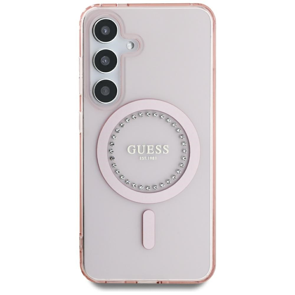 Étui MagSafe pour Samsung Galaxy S25 S931, Guess, IML Rhinestone, Rose