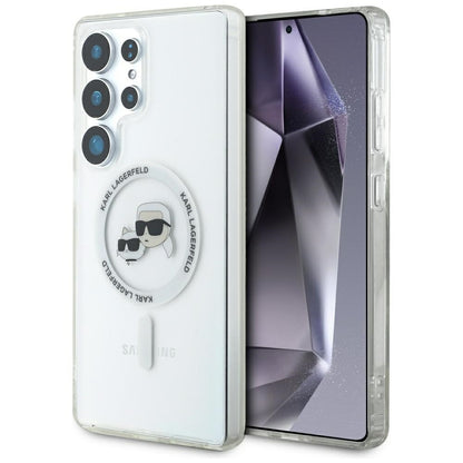 Coque MagSafe pour Samsung Galaxy S25 Ultra S938, Karl Lagerfeld, IML Metal Karl & Choupette's Heads, Blanche