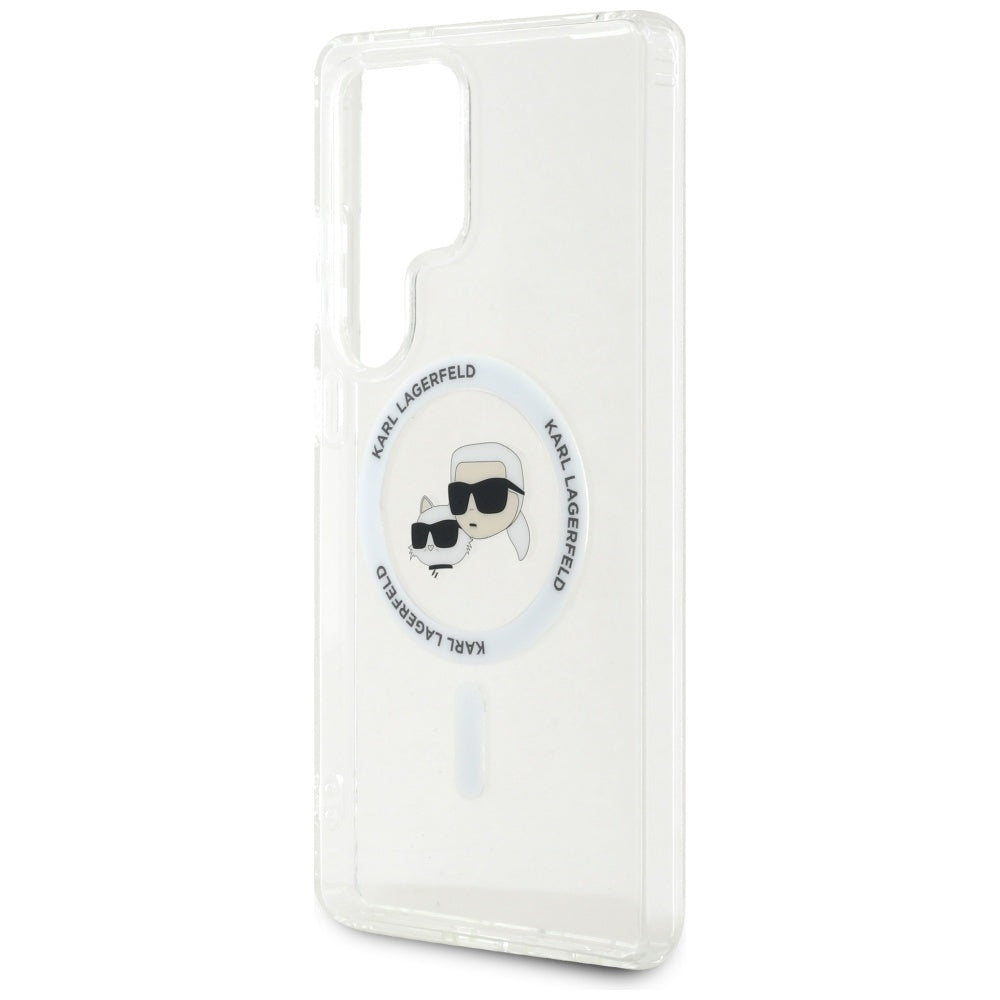Coque MagSafe pour Samsung Galaxy S25 Ultra S938, Karl Lagerfeld, IML Metal Karl & Choupette's Heads, Blanche