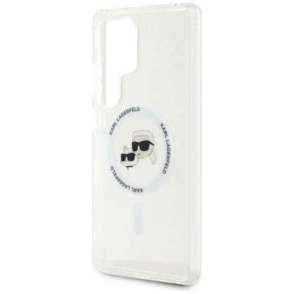 Coque MagSafe pour Samsung Galaxy S25 Ultra S938, Karl Lagerfeld, IML Metal Karl & Choupette's Heads, Blanche