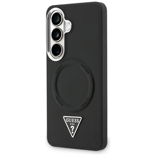 Coque MagSafe pour Samsung Galaxy S26 S942, Guess, Logo Triangle Anneau en Relief, Noire