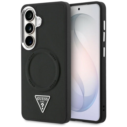 Coque MagSafe pour Samsung Galaxy S26 S942, Guess, Logo Triangle Anneau en Relief, Noire