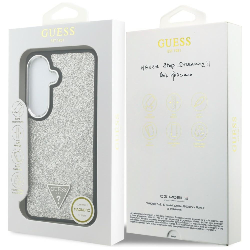 Coque MagSafe pour Samsung Galaxy S26 S942, Guess, Logo Triangle Pailleté Fixe, Argentée