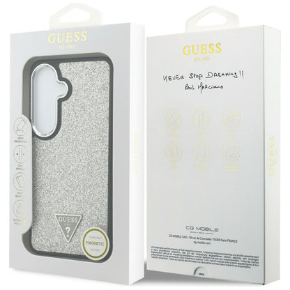 Coque MagSafe pour Samsung Galaxy S26 S942, Guess, Logo Triangle Pailleté Fixe, Argentée