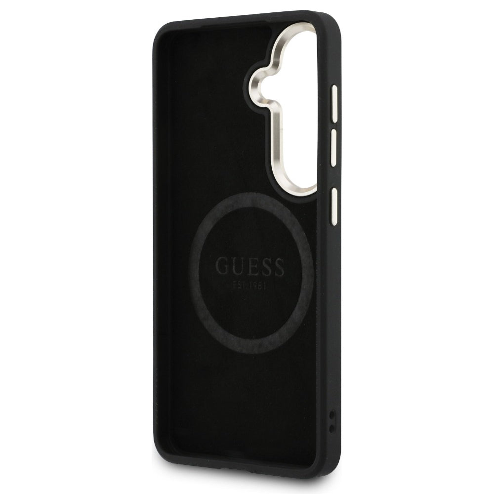 MagSafe Case for Samsung Galaxy S26 S942, Guess, Saffiano Peony Embossed Ring, Black