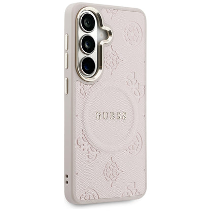 Étui MagSafe pour Samsung Galaxy S26 S942, Guess, Saffiano Peony Embossed Ring, Rose