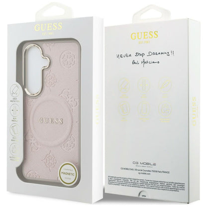 Étui MagSafe pour Samsung Galaxy S26 S942, Guess, Saffiano Peony Embossed Ring, Rose