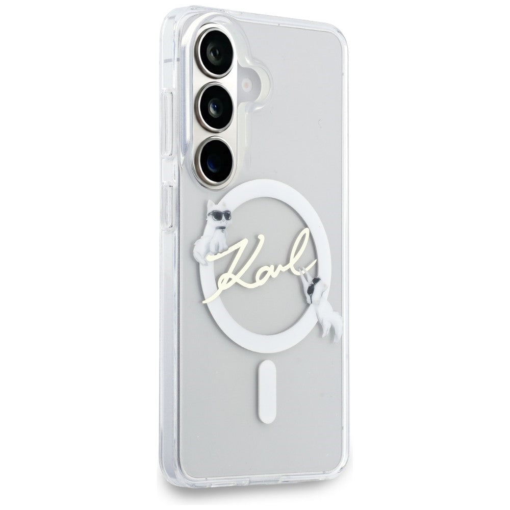 Coque MagSafe pour Samsung Galaxy S26 S942, Karl Lagerfeld, IML Choupette Karl Script Logo, Blanc