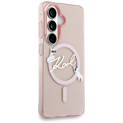 Coque MagSafe pour Samsung Galaxy S26 S942, Karl Lagerfeld, IML Choupette Karl Script Logo, Rose
