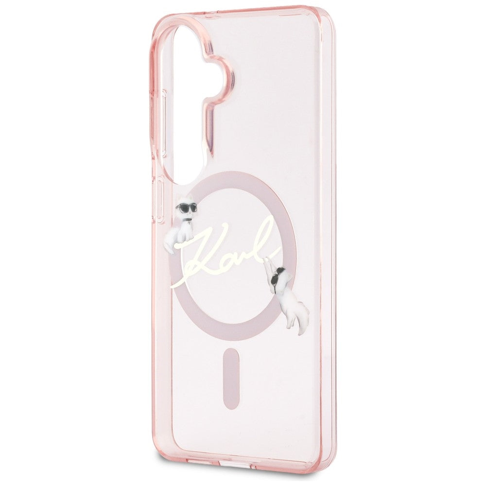 Coque MagSafe pour Samsung Galaxy S26 S942, Karl Lagerfeld, IML Choupette Karl Script Logo, Rose