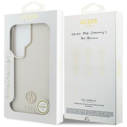 Étui MagSafe pour Samsung Galaxy S26 Ultra S948, Guess, logo rond en strass, beige