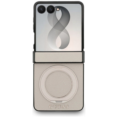 Coque MagSafe pour Samsung Galaxy Z Flip8 F776, Guess, Support Anneau Logo Classique Grainé, Beige