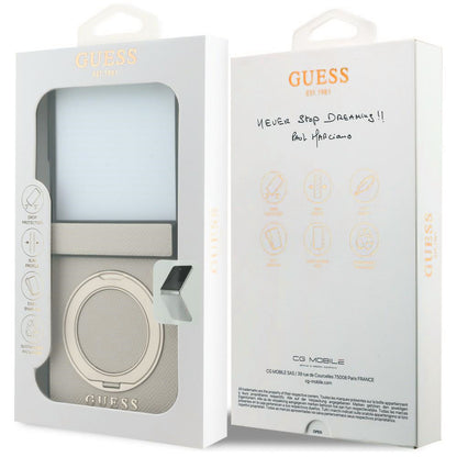 Coque MagSafe pour Samsung Galaxy Z Flip8 F776, Guess, Support Anneau Logo Classique Grainé, Beige