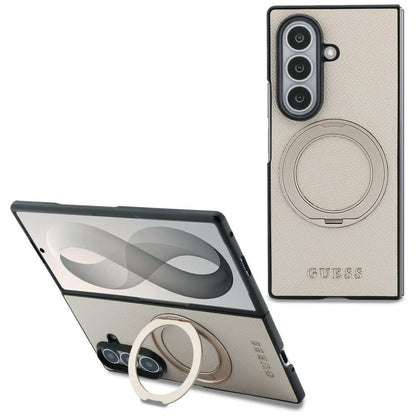 Coque MagSafe pour Samsung Galaxy Z Fold8 Ultra F976, Guess, Support Anneau Logo Classique Grainé, Beige