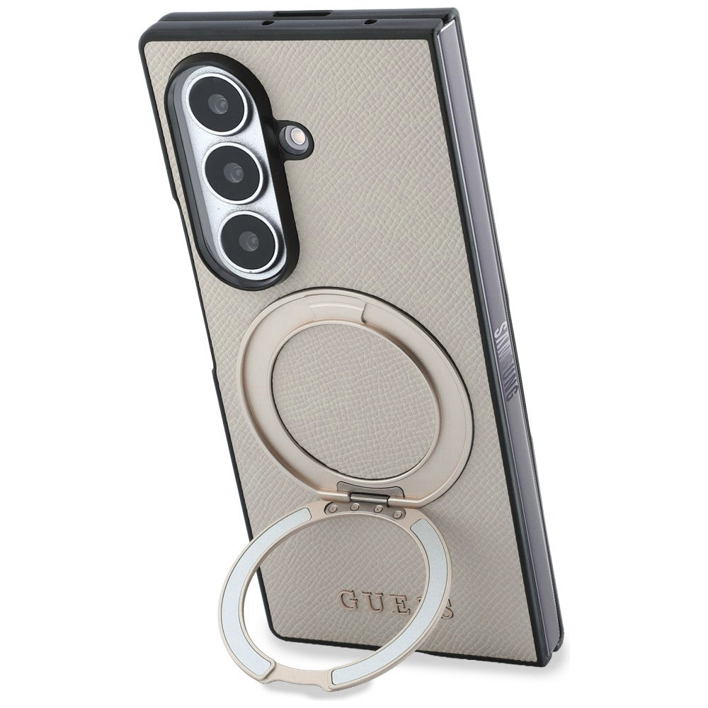 Coque MagSafe pour Samsung Galaxy Z Fold8 Ultra F976, Guess, Support Anneau Logo Classique Grainé, Beige
