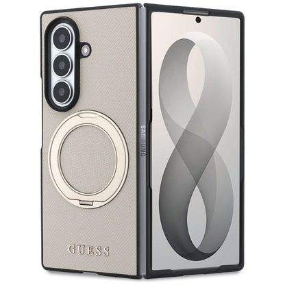 Coque MagSafe pour Samsung Galaxy Z Fold8 Ultra F976, Guess, Support Anneau Logo Classique Grainé, Beige