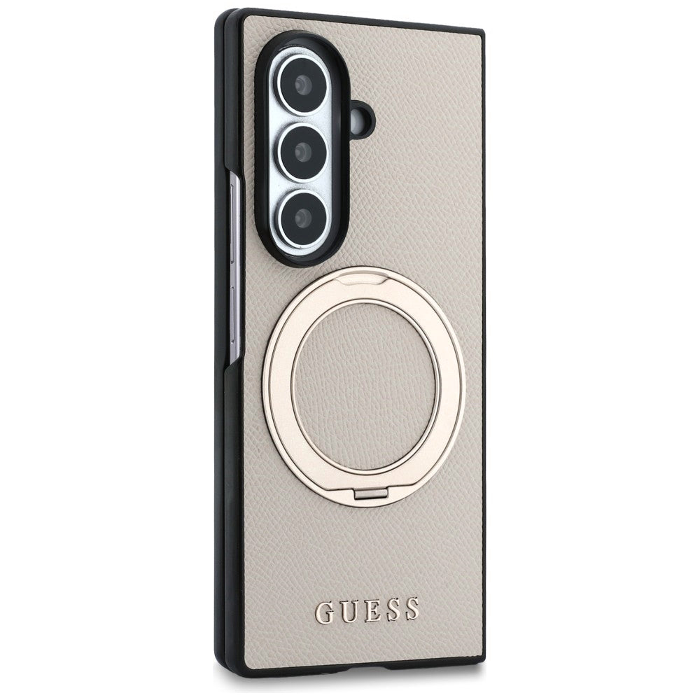 Coque MagSafe pour Samsung Galaxy Z Fold8 Ultra F976, Guess, Support Anneau Logo Classique Grainé, Beige