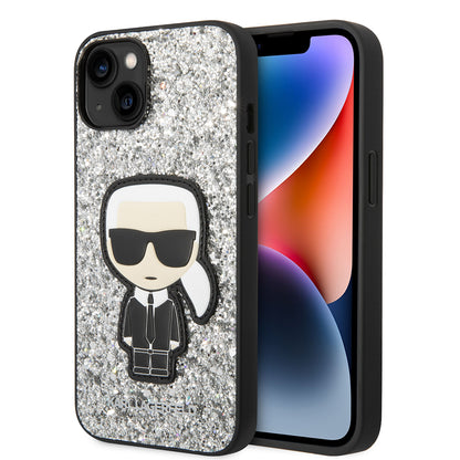 Housse pour Apple iPhone 14, Karl Lagerfeld, Glitter Flakes Ikonik Karl, Argentée.